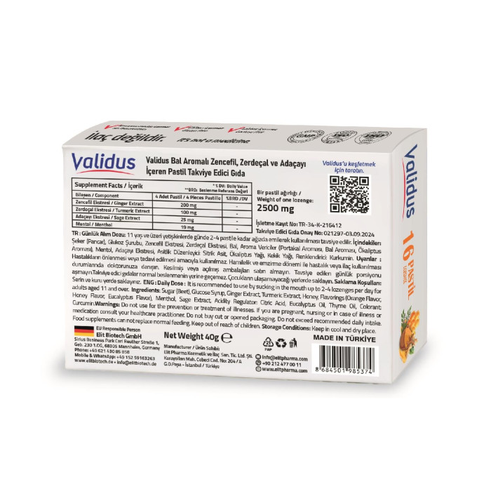 Validus Ginger + Turmeric + Sage + Honey 16 Pastille