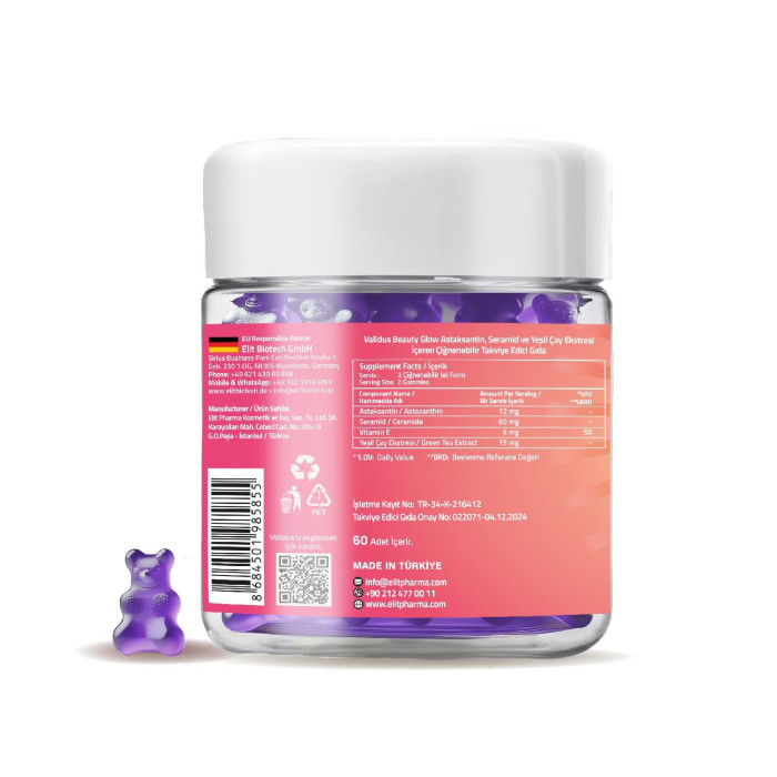 Validus Beauty Glow Astaxantin 40 mg + Seramid 30 mg + Vitamin E + Yeşil Çay 60 Gummy (Pectin)