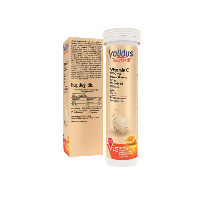 Validus Daily Force Vitamin C + Panax Ginseng + Zinc + Vitamin D3 15 Effervescent Tablets 