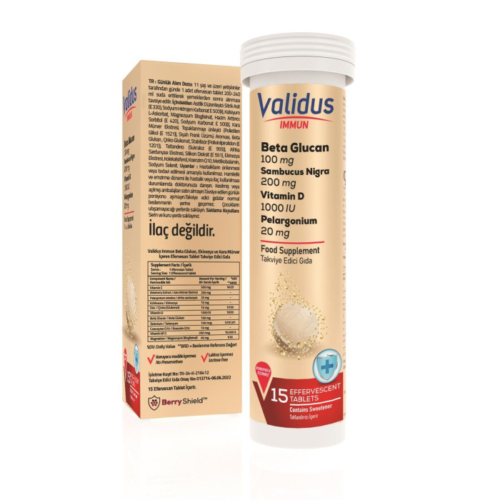 Validus Immun Beta Glucan + Echinacea Sambucus Nigra + Coenzyme Q10 + Pelargonium 15 Effervescent Tablets