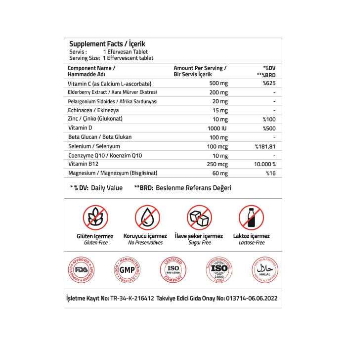 Validus Immun Beta Glucan + Echinacea Sambucus Nigra + Coenzyme Q10 + Pelargonium 15 Effervescent Tablets
